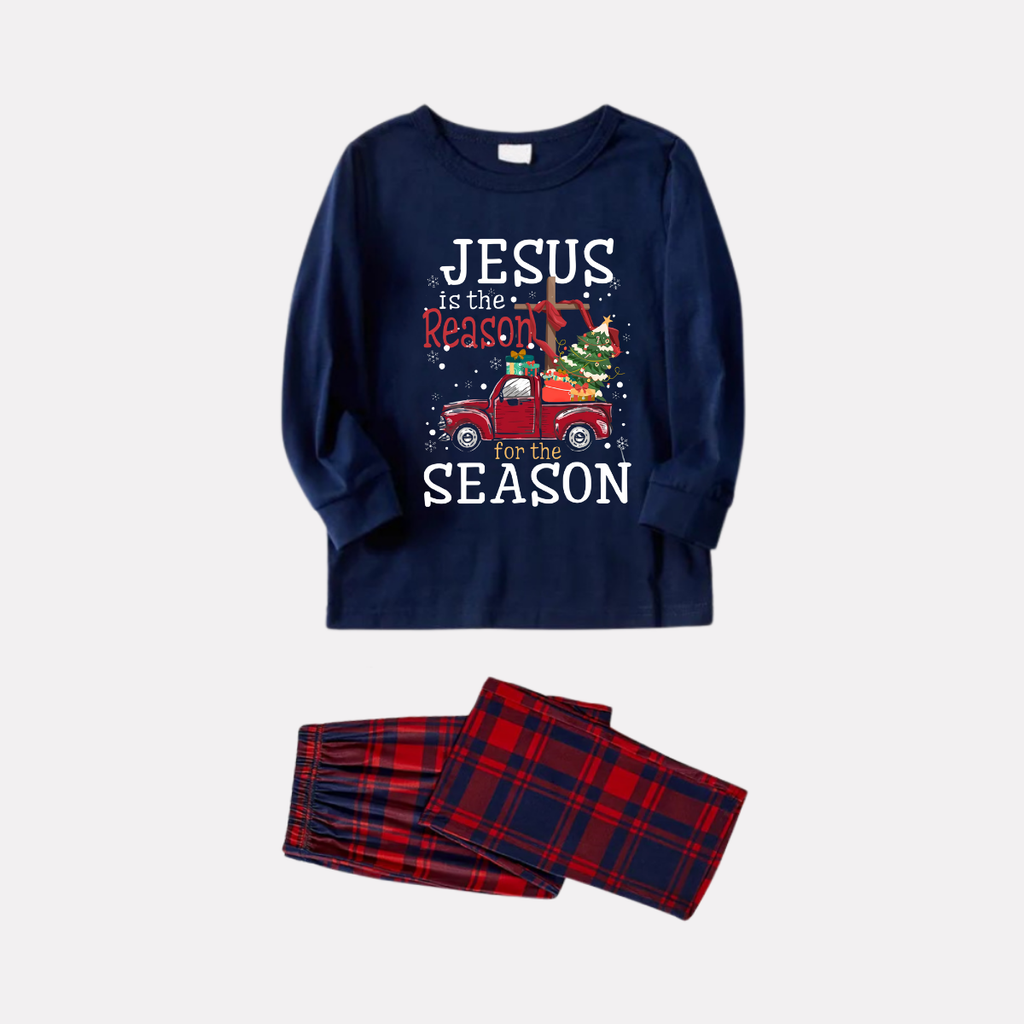 Navy & Red Plaid Christmas Pajamas Set With "Jesus is the Reason for the Season" Text Print