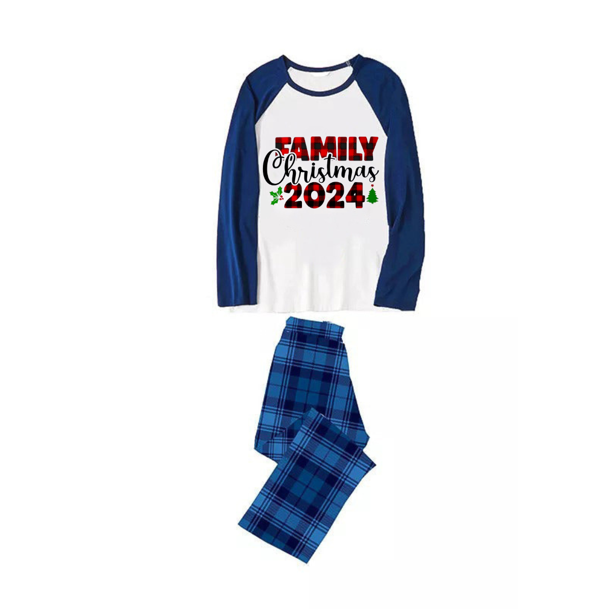 "Family Christmas 2024" Text Plaid Print Blue & Black Plaid Christmas Family Matching Pajamas