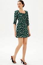 Printed Long Sleeve U-Neck Mini Dress Green