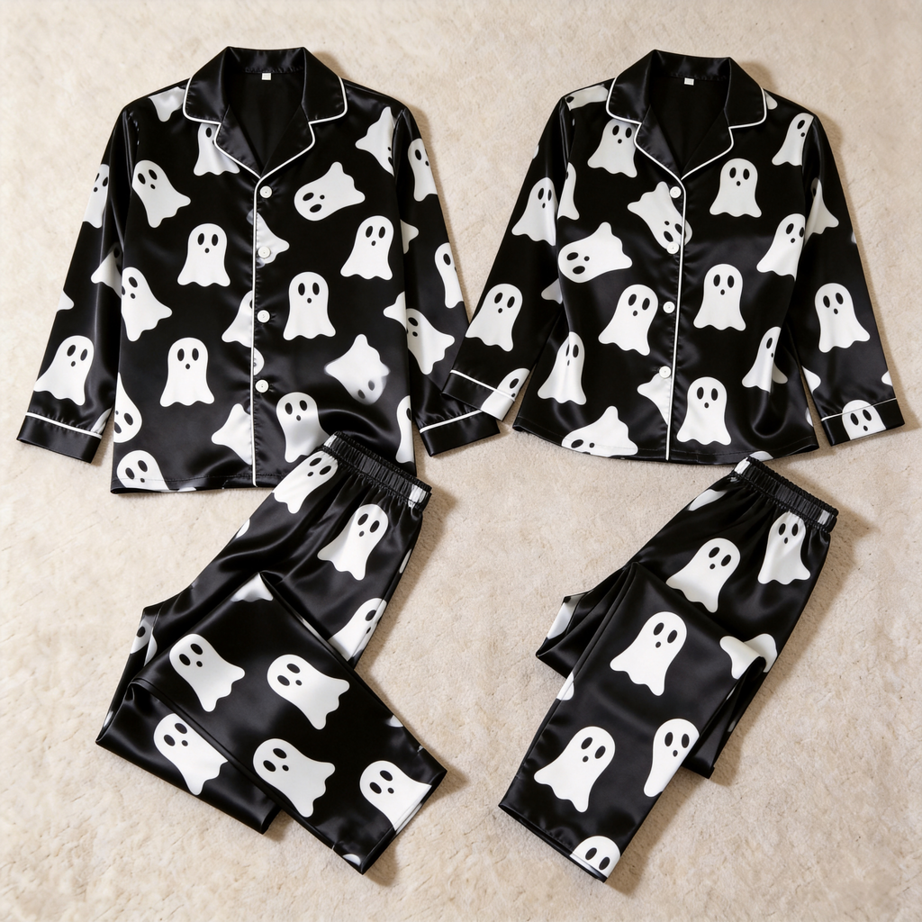 Ghost Pattern Satin Matching Pajamas for Couples ¨C Long Sleeve Button-Down Top & Pants Sleepwear Set