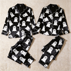Ghost Pattern Satin Matching Pajamas for Couples ¨C Long Sleeve Button-Down Top & Pants Sleepwear Set