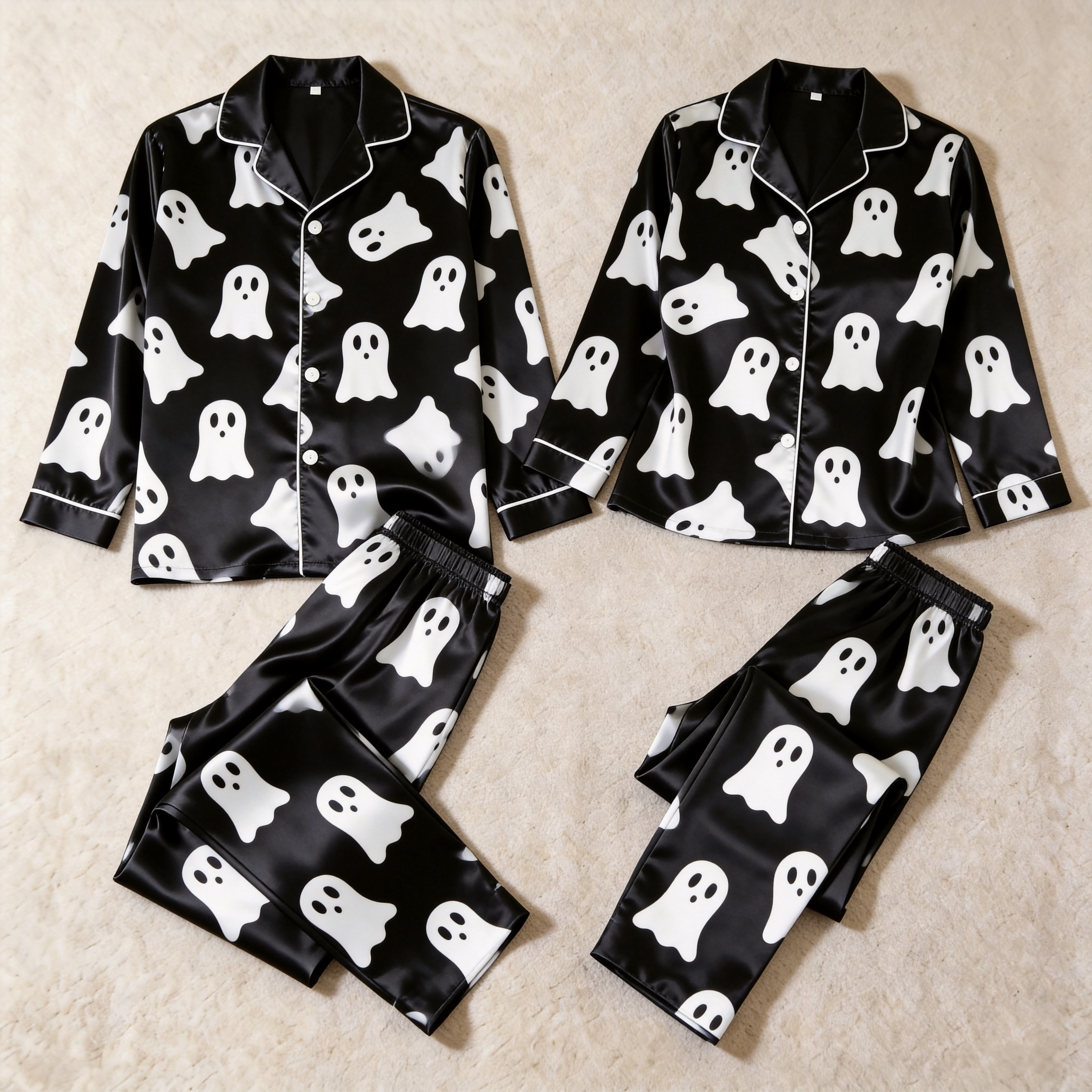 Ghost Pattern Satin Matching Pajamas for Couples ¨C Long Sleeve Button-Down Top & Pants Sleepwear Set