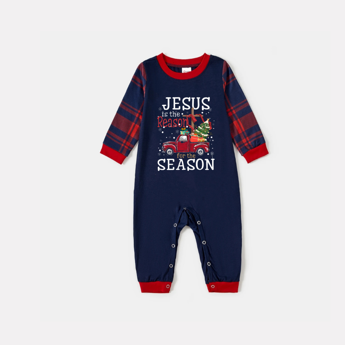 Navy & Red Plaid Christmas Pajamas Set With "Jesus is the Reason for the Season" Text Print