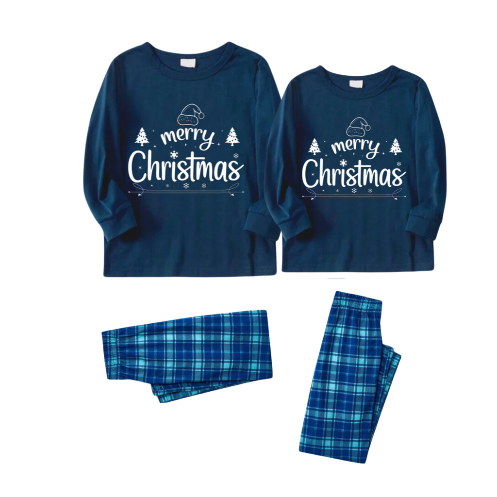 "Merry Christmas" White Letter 2026 Blue Long Sleeve Top With Blue Plaid Couple Matching Pajamas