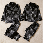 Halloween Spider Web Black Satin Matching Pajamas for Couples ¨C Long Sleeve Button-Down Top & Pants Sleepwear Set