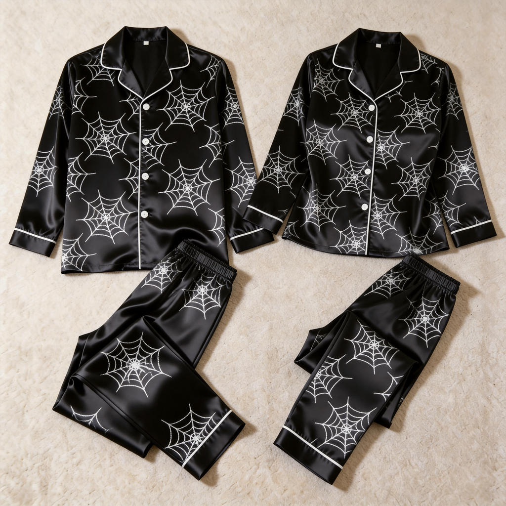 Halloween Spider Web Black Satin Matching Pajamas for Couples ¨C Long Sleeve Button-Down Top & Pants Sleepwear Set