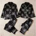 Halloween Spider Web Black Satin Matching Pajamas for Couples ¨C Long Sleeve Button-Down Top & Pants Sleepwear Set