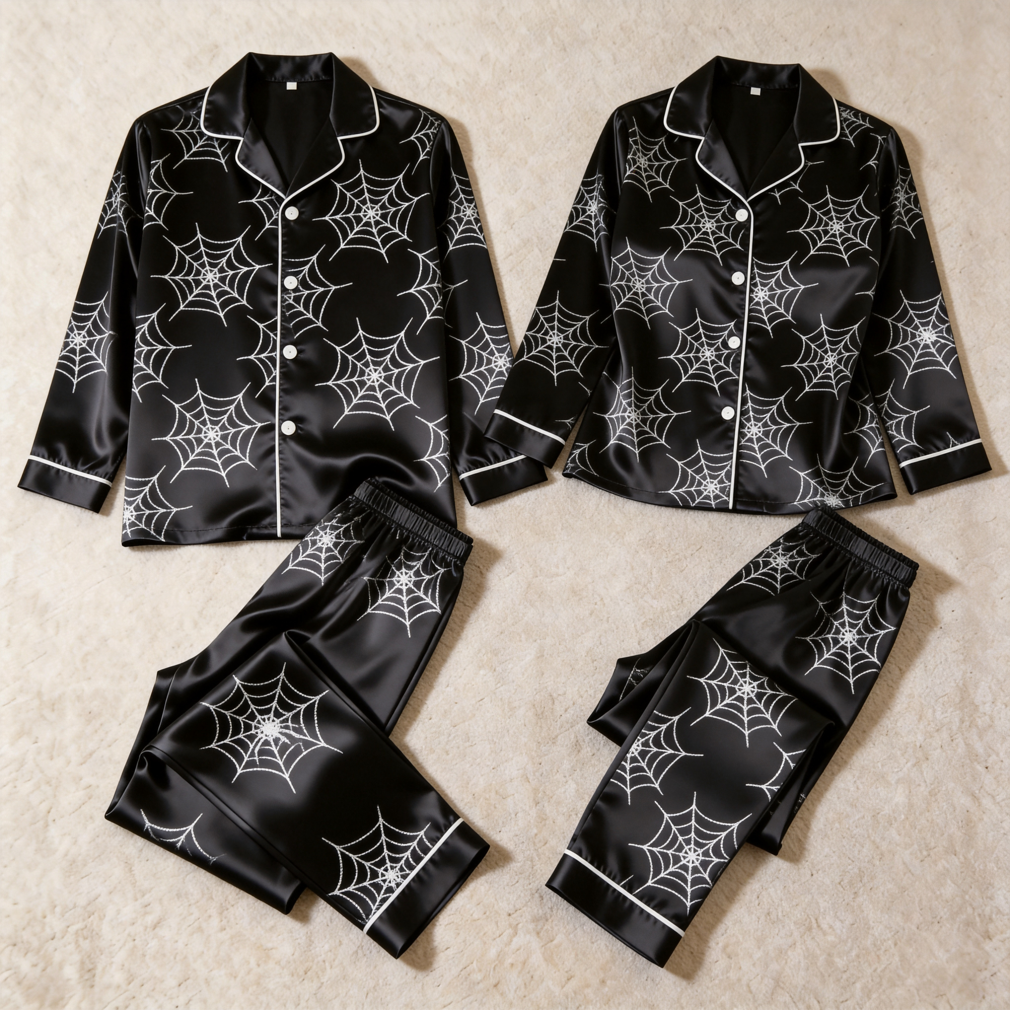 Halloween Spider Web Black Satin Matching Pajamas for Couples ¨C Long Sleeve Button-Down Top & Pants Sleepwear Set