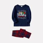 Navy & Red Plaid Christmas Pajamas Set With Christmas Light and "2025 Family Christmas" Text Print