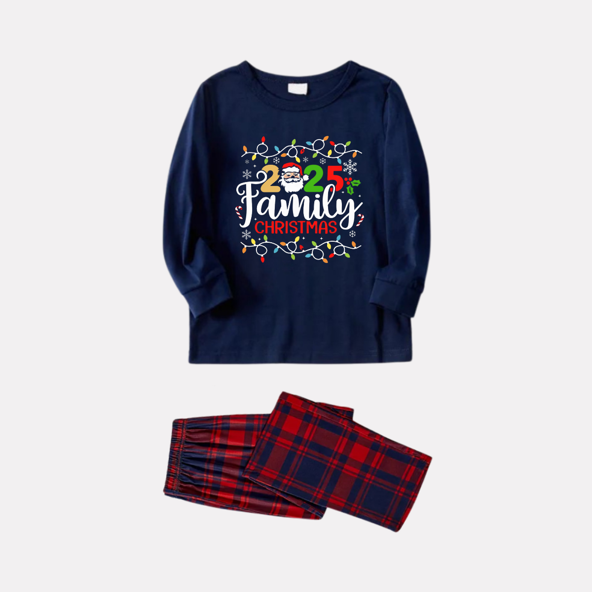 Navy & Red Plaid Christmas Pajamas Set With Christmas Light and "2025 Family Christmas" Text Print