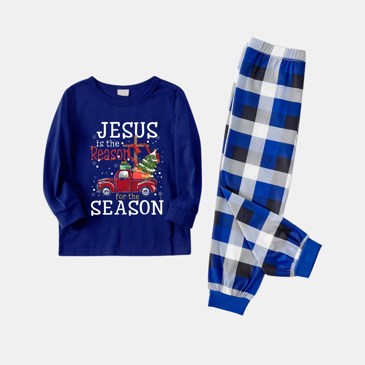 Navy & White Plaid Christmas Pajamas Set With "Jesus is the Reason for the Season" Text Print