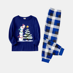 Navy & White Plaid Christmas Pajamas Set with Snowman & Christmas Tree Print