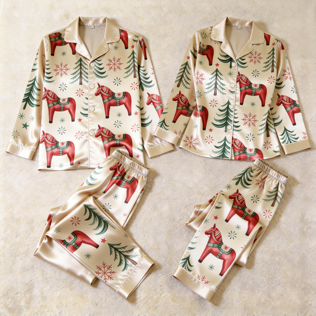 Dala Horse Holiday Satin Matching Pajamas for Couples – Long Sleeve Button-Down Top & Pants Sleepwear Set
