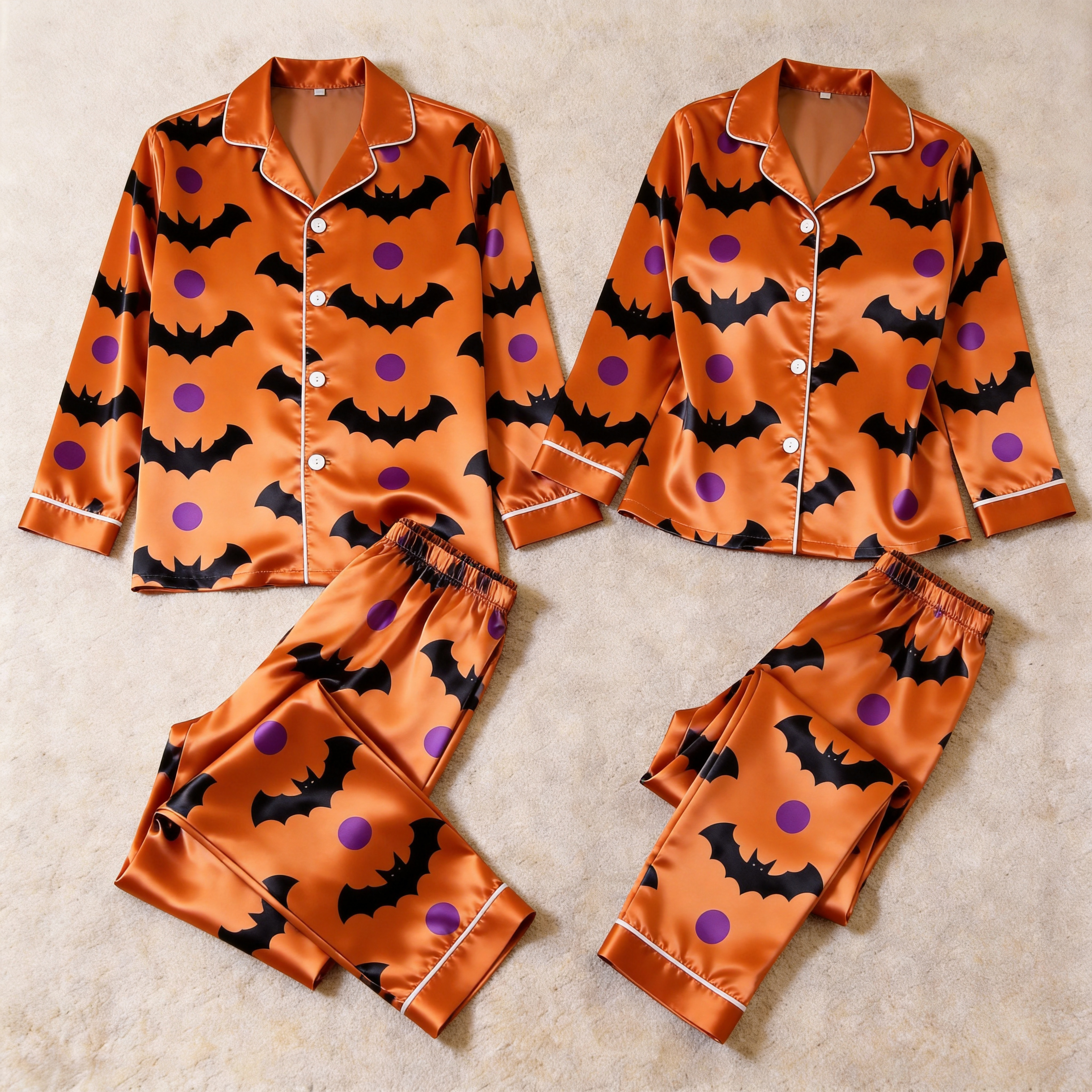 Bat and Polka Dot Satin Matching Pajamas for Couples ¨C Long Sleeve Button-Down Top & Pants Sleepwear Set
