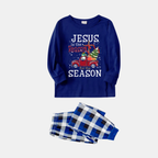 Navy & White Plaid Christmas Pajamas Set With "Jesus is the Reason for the Season" Text Print