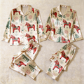 Dala Horse Holiday Satin Matching Pajamas for Couples – Long Sleeve Button-Down Top & Pants Sleepwear Set