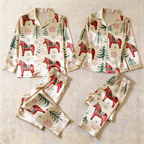 Dala Horse Holiday Satin Matching Pajamas for Couples – Long Sleeve Button-Down Top & Pants Sleepwear Set
