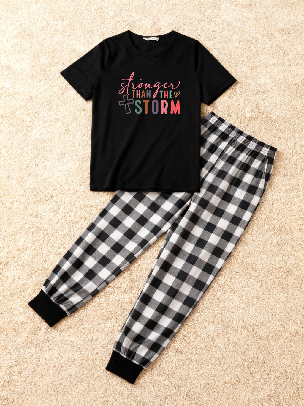 Strong Than The StrongText Printed Black Short Sleeve and Black&White Plaid Pants Family Matching Pajamas Set