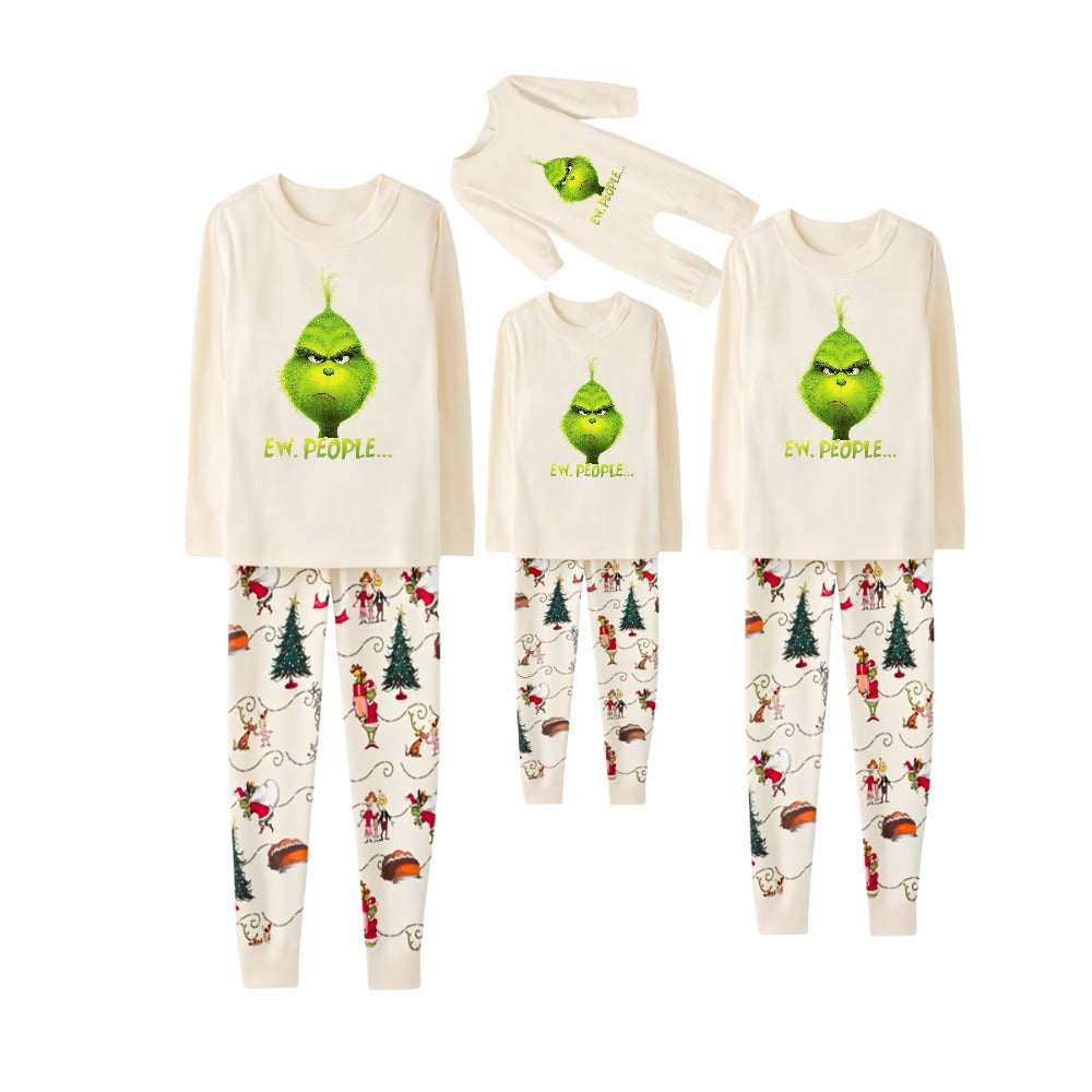 Beige Christmas Pattern Print Christmas Pajamas Set With Grinch and "EW People" Print