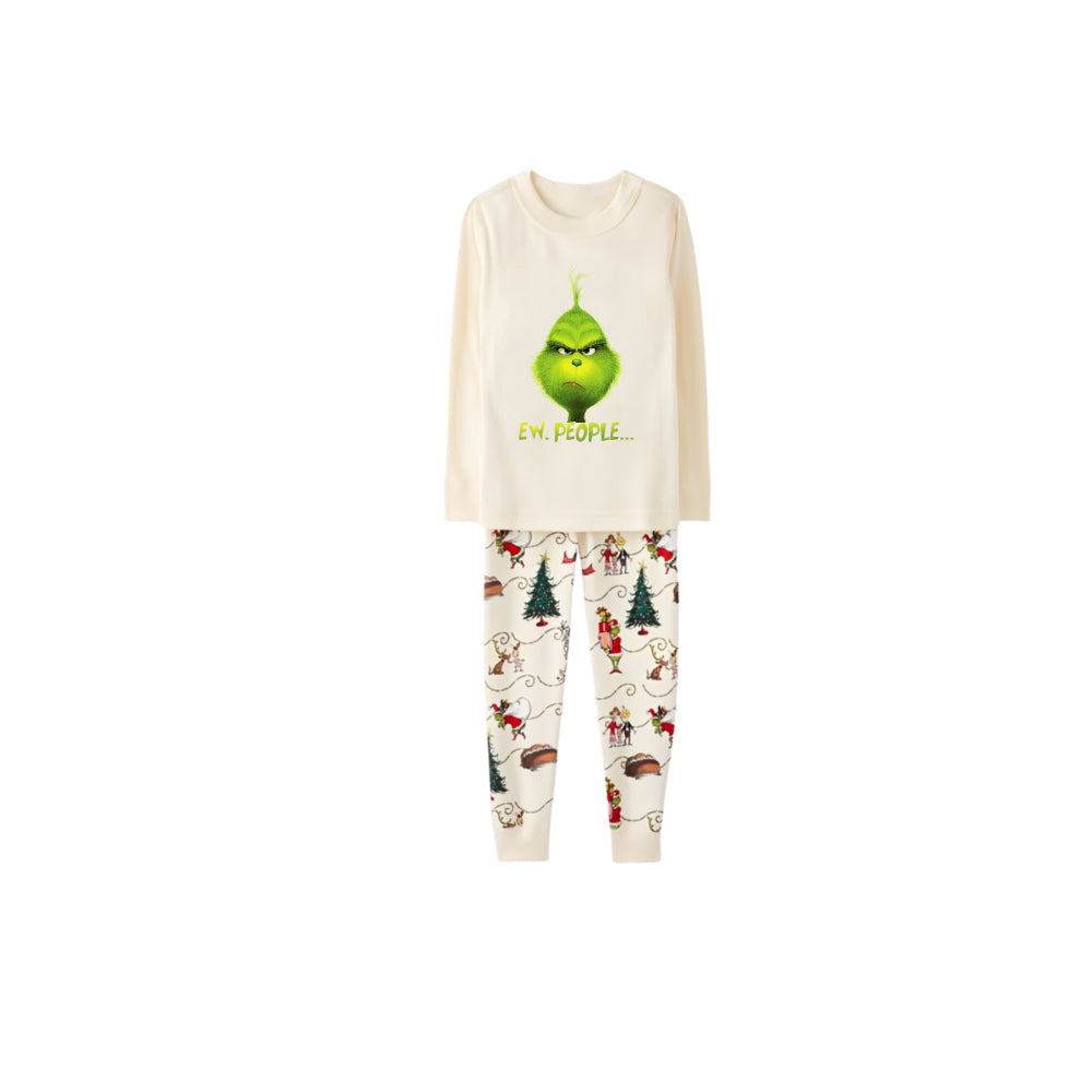 Beige Christmas Pattern Print Christmas Pajamas Set With Grinch and "EW People" Print