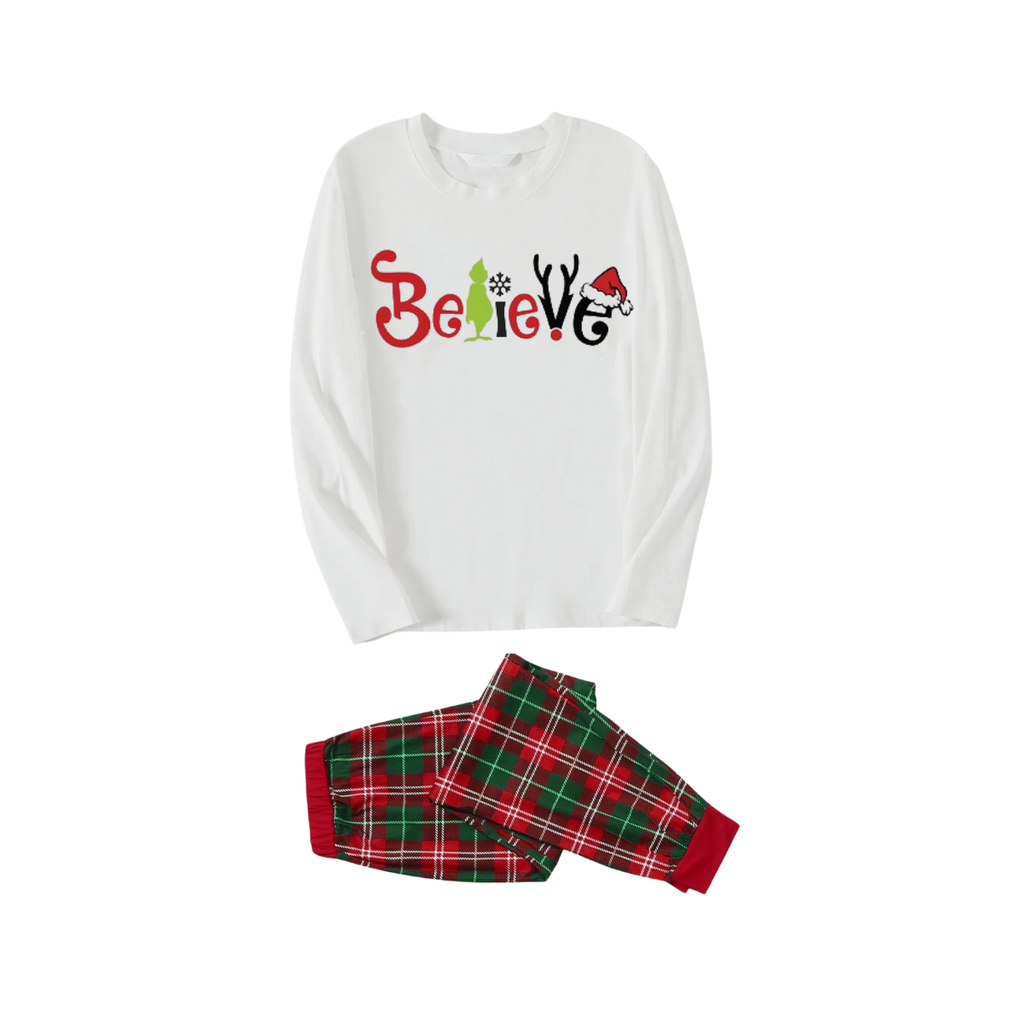 Christmas 2026"Believe" Letter White Long Sleeve Top with Red & Green Plaid Pants Couple Matching Pajamas