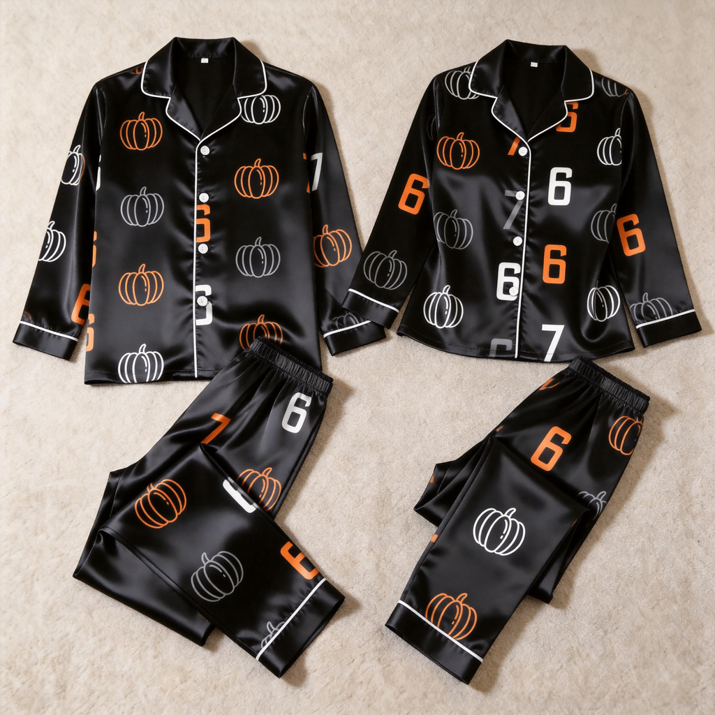 Pumpkin and 67 Number Print Satin Matching Pajamas for Couples ¨C Long Sleeve Button-Down Top & Pants Sleepwear Set