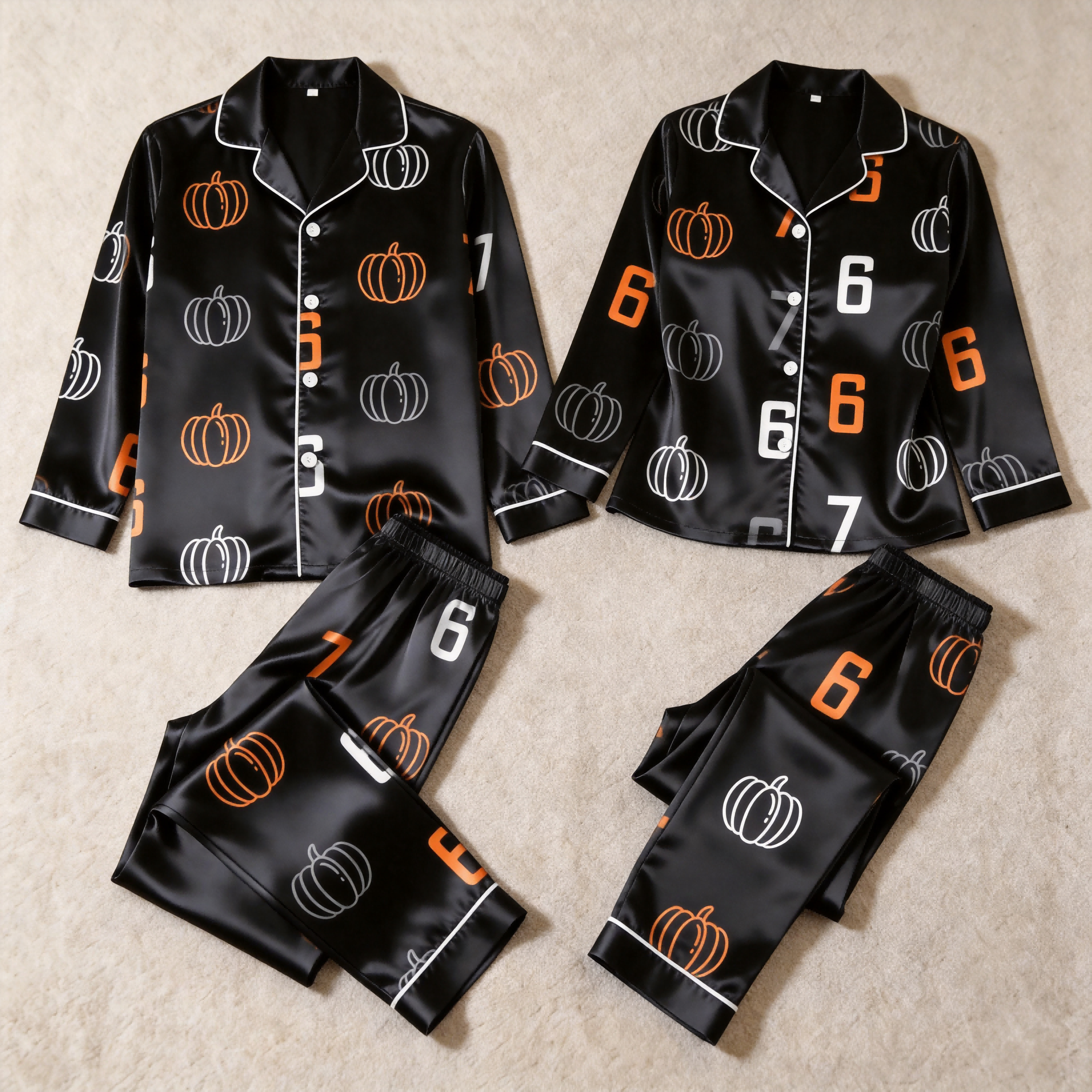 Pumpkin and 67 Number Print Satin Matching Pajamas for Couples ¨C Long Sleeve Button-Down Top & Pants Sleepwear Set