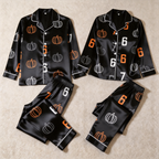 Pumpkin and 67 Number Print Satin Matching Pajamas for Couples ¨C Long Sleeve Button-Down Top & Pants Sleepwear Set
