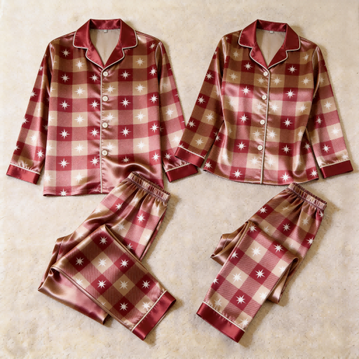 Star Plaid Satin Matching Pajamas for Couples – Long Sleeve Button-Down Top & Pants Sleepwear Set