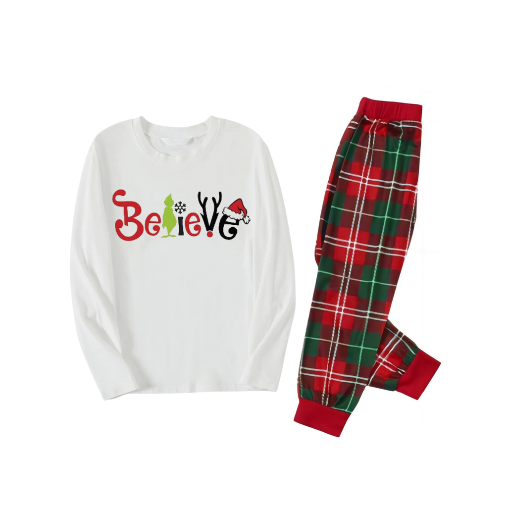 Christmas 2026"Believe" Letter White Long Sleeve Top with Red & Green Plaid Pants Couple Matching Pajamas
