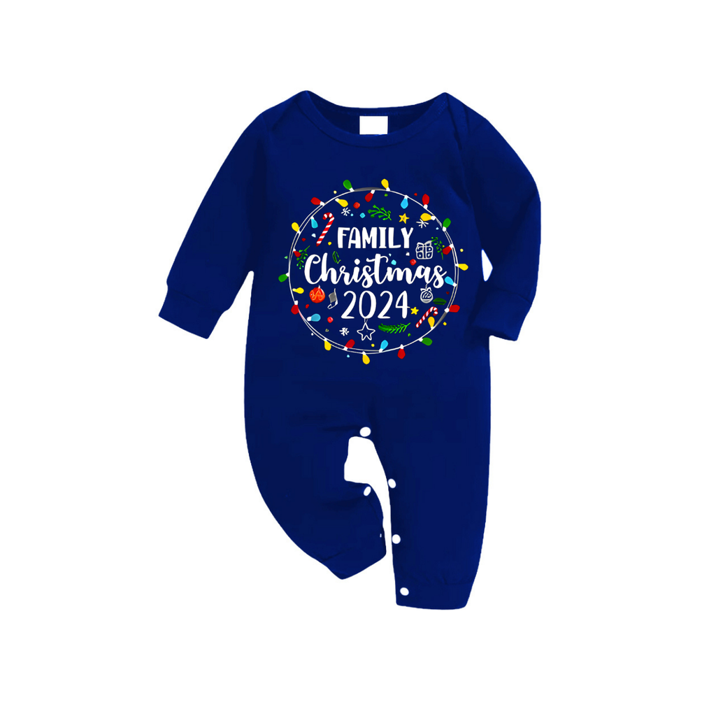 "Family Christmas 2024" Text and Christmas Light Printed Blue and White Plaid Family Matching Pajamas
