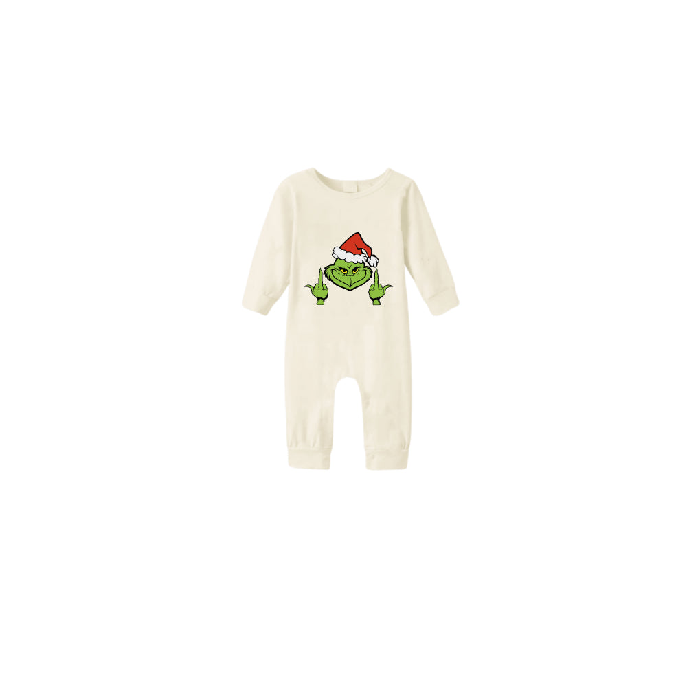 Beige Christmas Pattern Print Christmas Pajamas Set With Funny Grinch Print