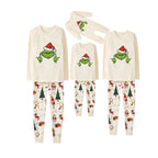 Beige Christmas Pattern Print Christmas Pajamas Set With Funny Grinch Print