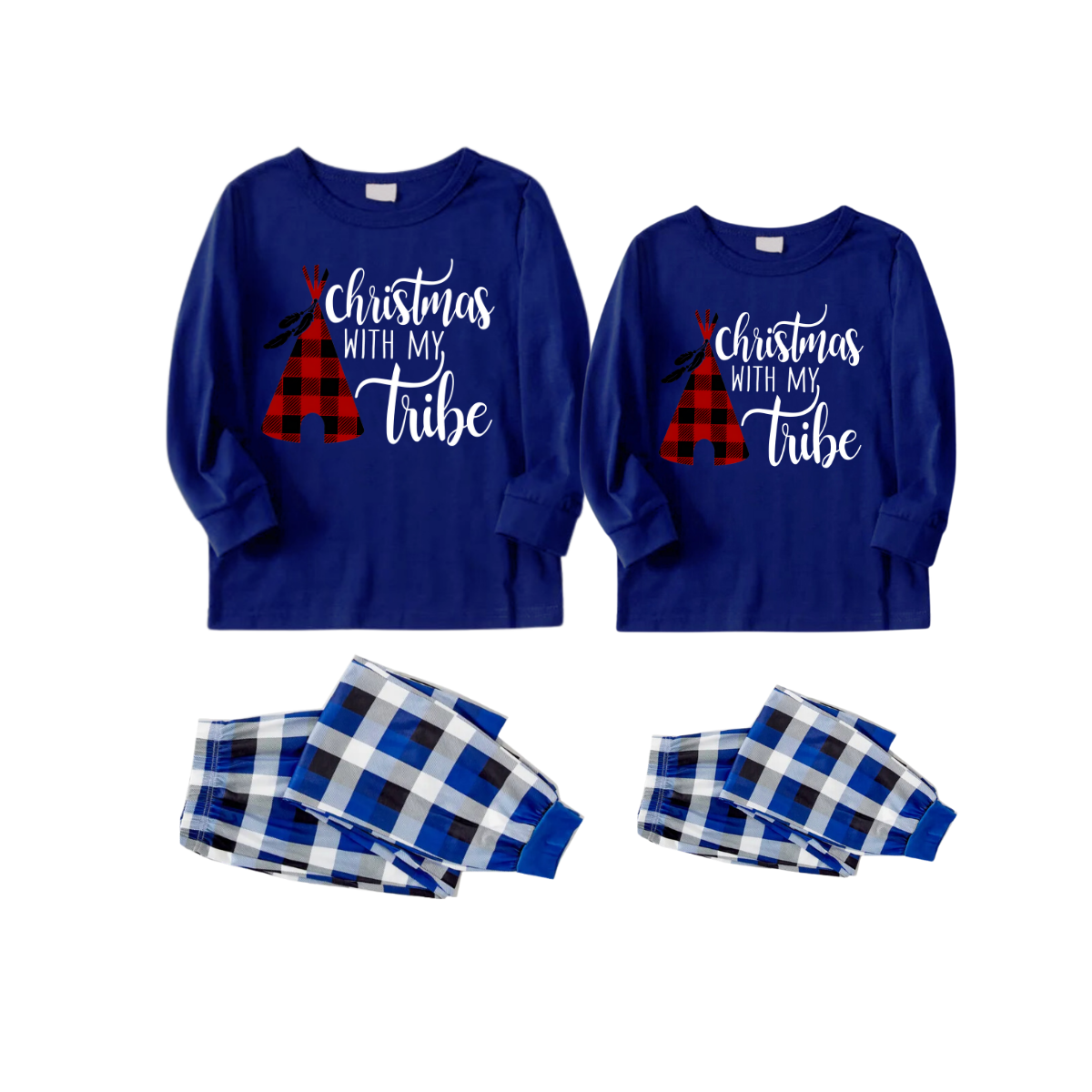 "Christmas With My Tribe"  Pattern Blue Long Sleeves with Blue&White&Black Plaid Pants Couple Matching Pajamas