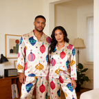 Festive Ornament Satin Matching Pajamas for Couples – Long Sleeve Button-Down Top & Pants Sleepwear Set