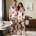Festive Ornament Satin Matching Pajamas for Couples – Long Sleeve Button-Down Top & Pants Sleepwear Set