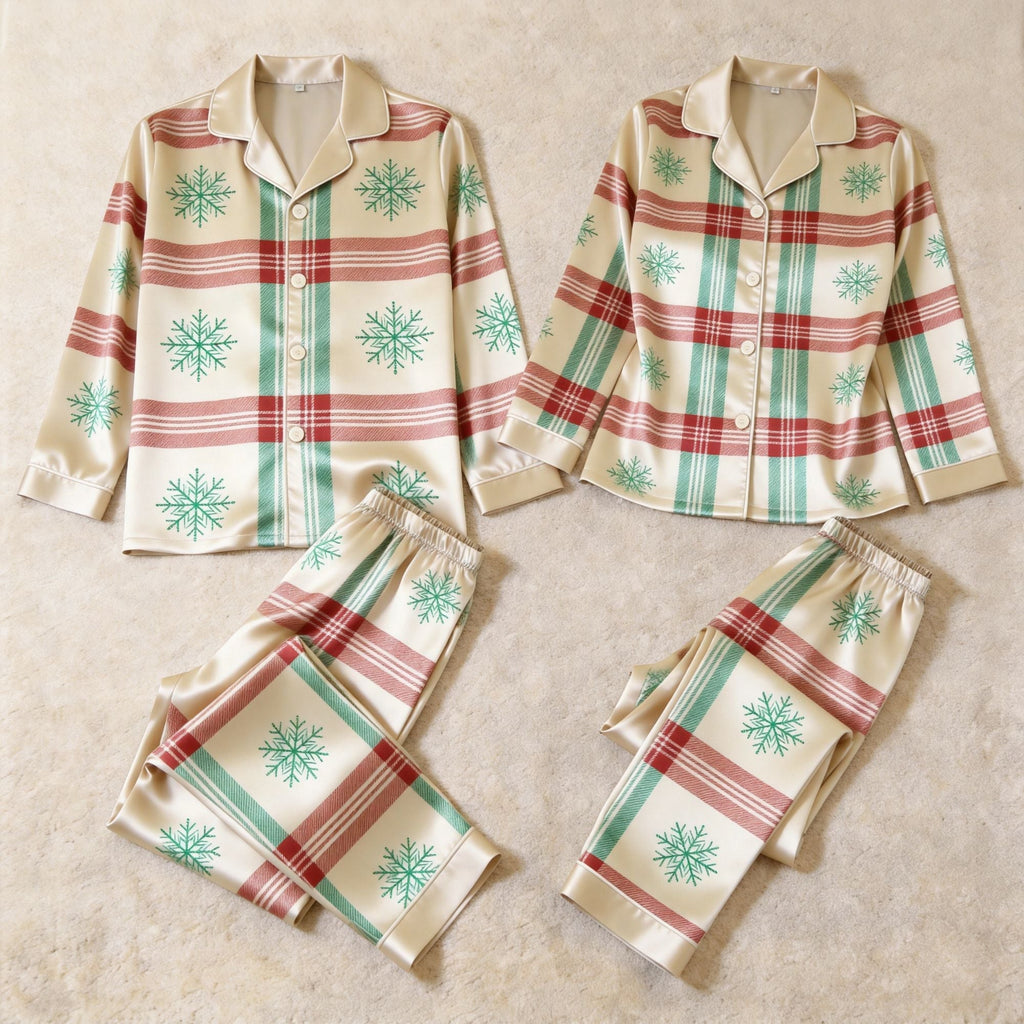 Snowflake Plaid Satin Matching Pajamas for Couples – Long Sleeve Button-Down Top & Pants Sleepwear Set