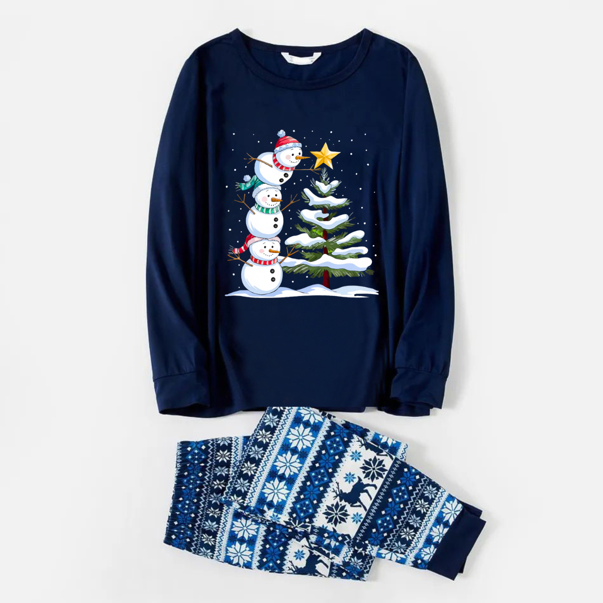 Joyful Blue Christmas Pajamas Set with Snowman & Christmas Tree Print