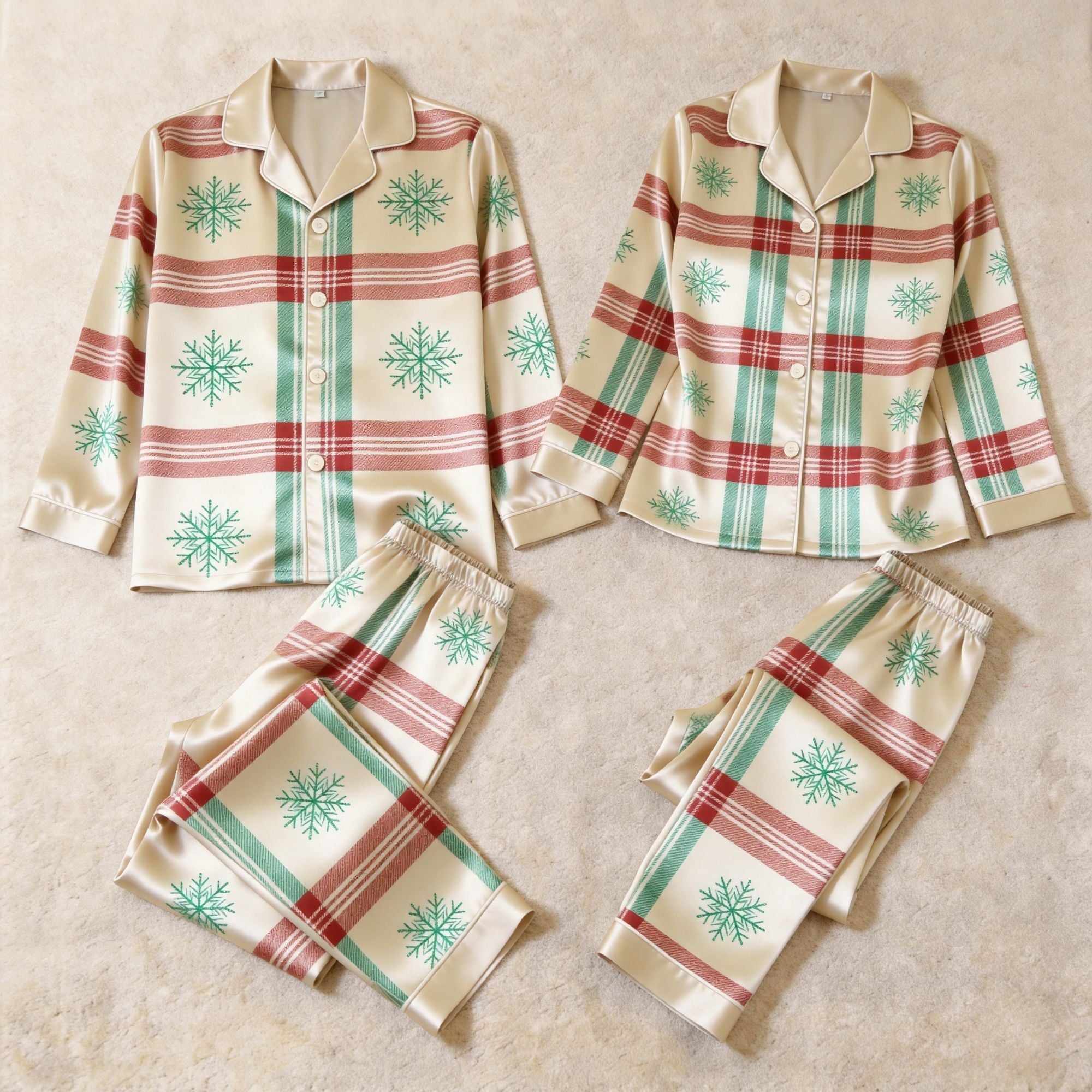 Snowflake Plaid Satin Matching Pajamas for Couples – Long Sleeve Button-Down Top & Pants Sleepwear Set