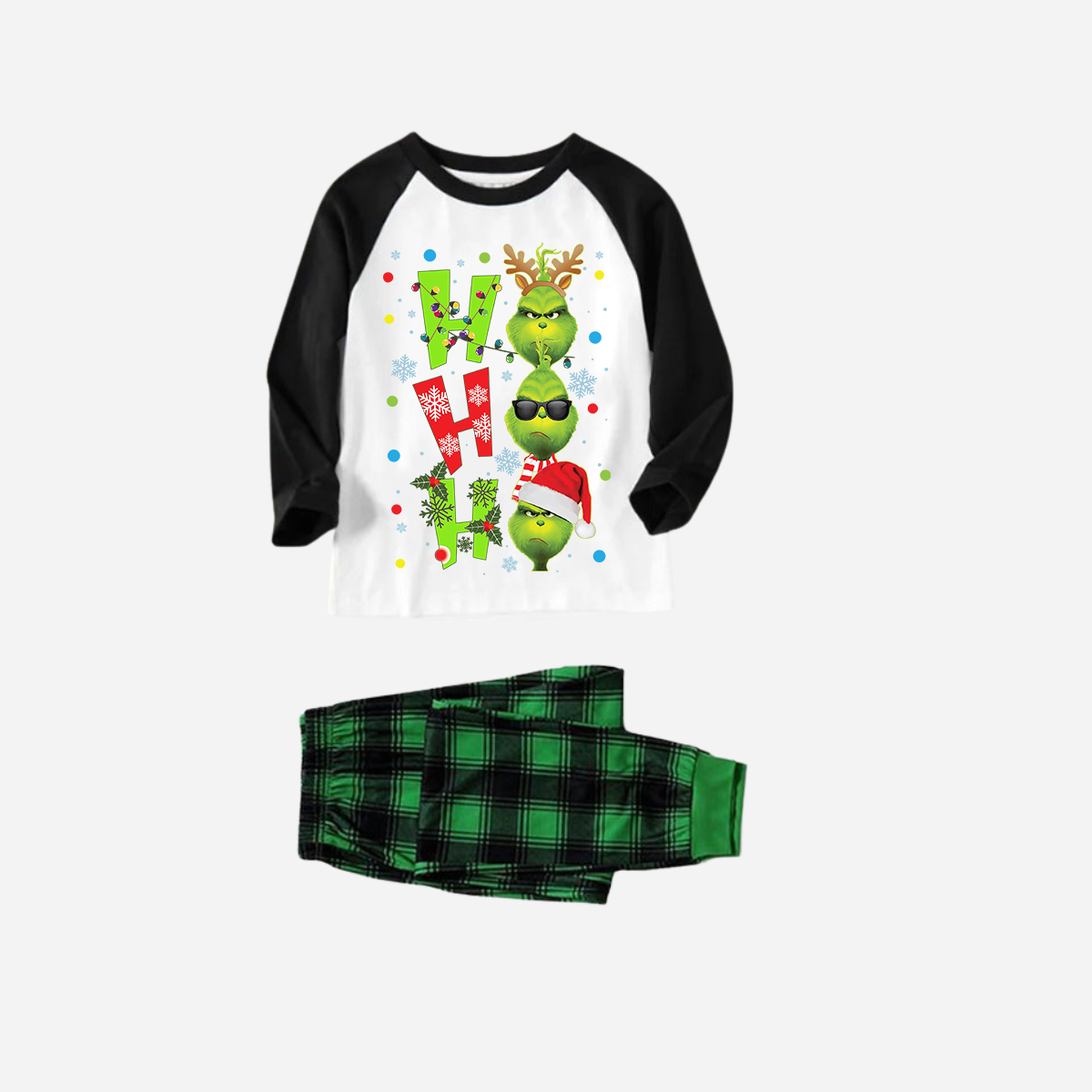 Black Raglan Top Green Plaid Christmas Pajamas Set With "ho ho ho" and Christmas Grinch Print