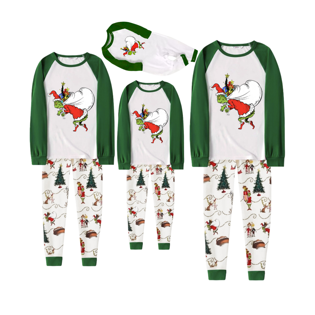 Christmas Green Pajamas Set With Cartoon Pattern Print