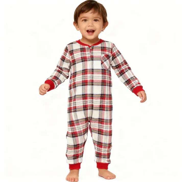 Family Matching Pajama Set – Gray Button-Neck Tee & Red Plaid Pants