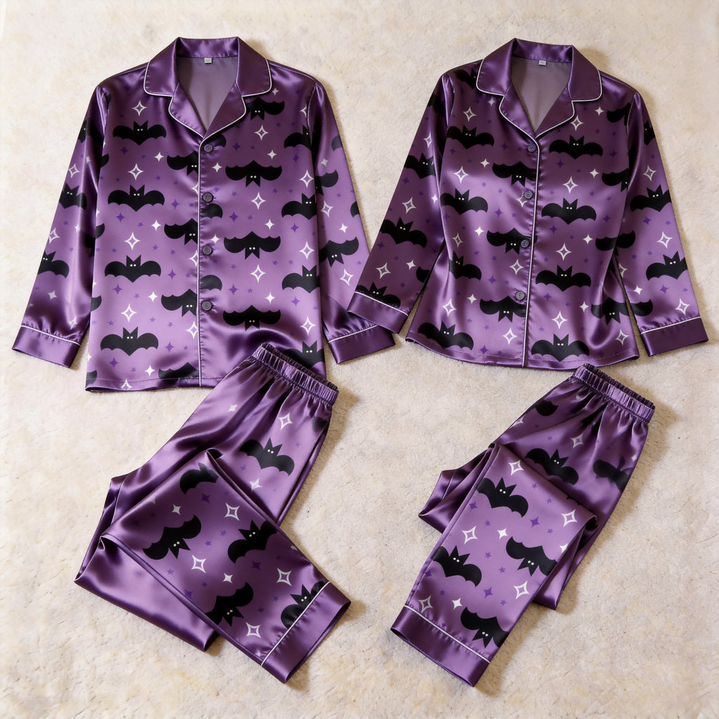 Bat and Star Print Satin Matching Pajamas for Couples ¨C Long Sleeve Button-Down Top & Pants Sleepwear Set