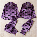 Bat and Star Print Satin Matching Pajamas for Couples ¨C Long Sleeve Button-Down Top & Pants Sleepwear Set