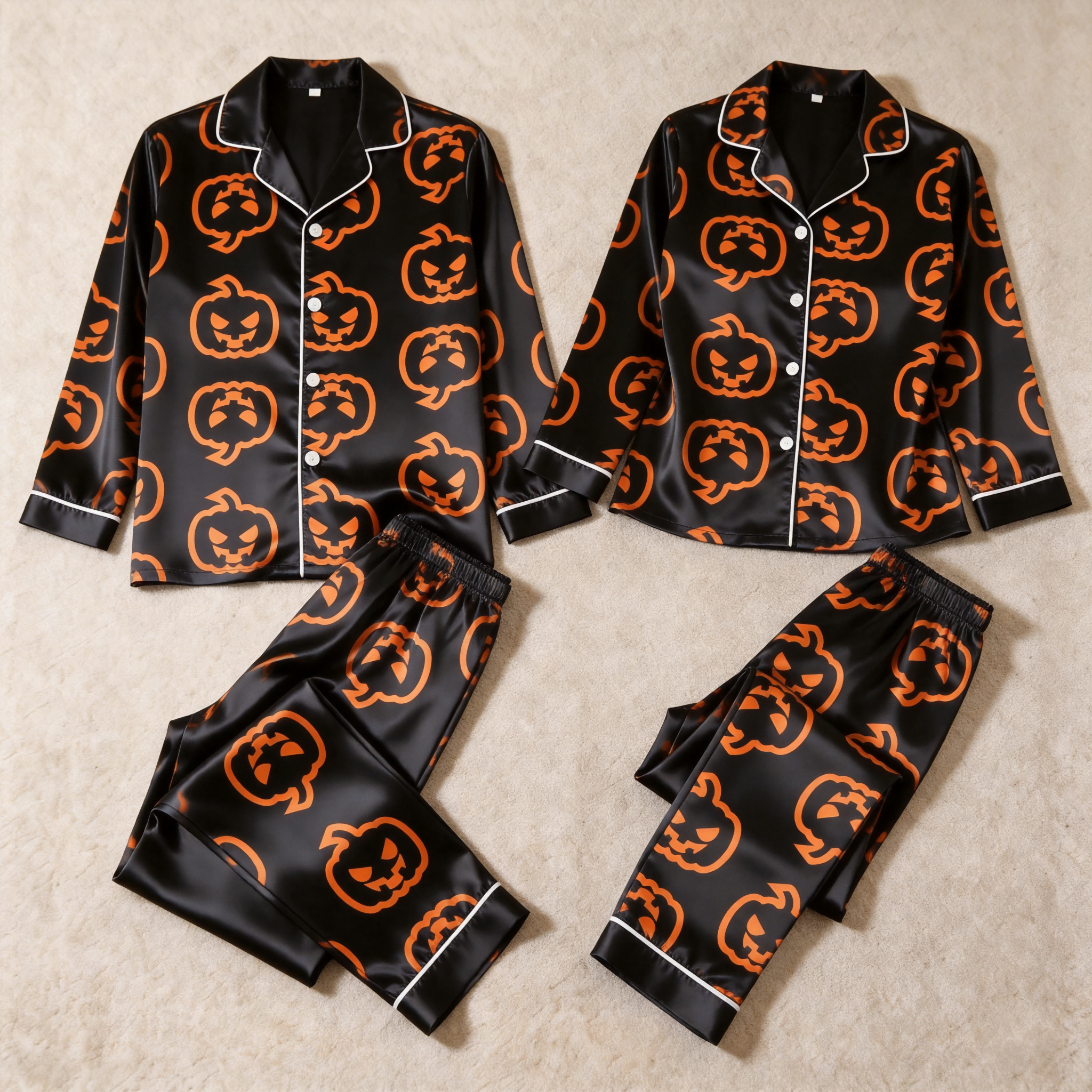 Pumpkin Print Black Satin Matching Pajamas for Couples ¨C Long Sleeve Button-Down Top & Pants Sleepwear Set