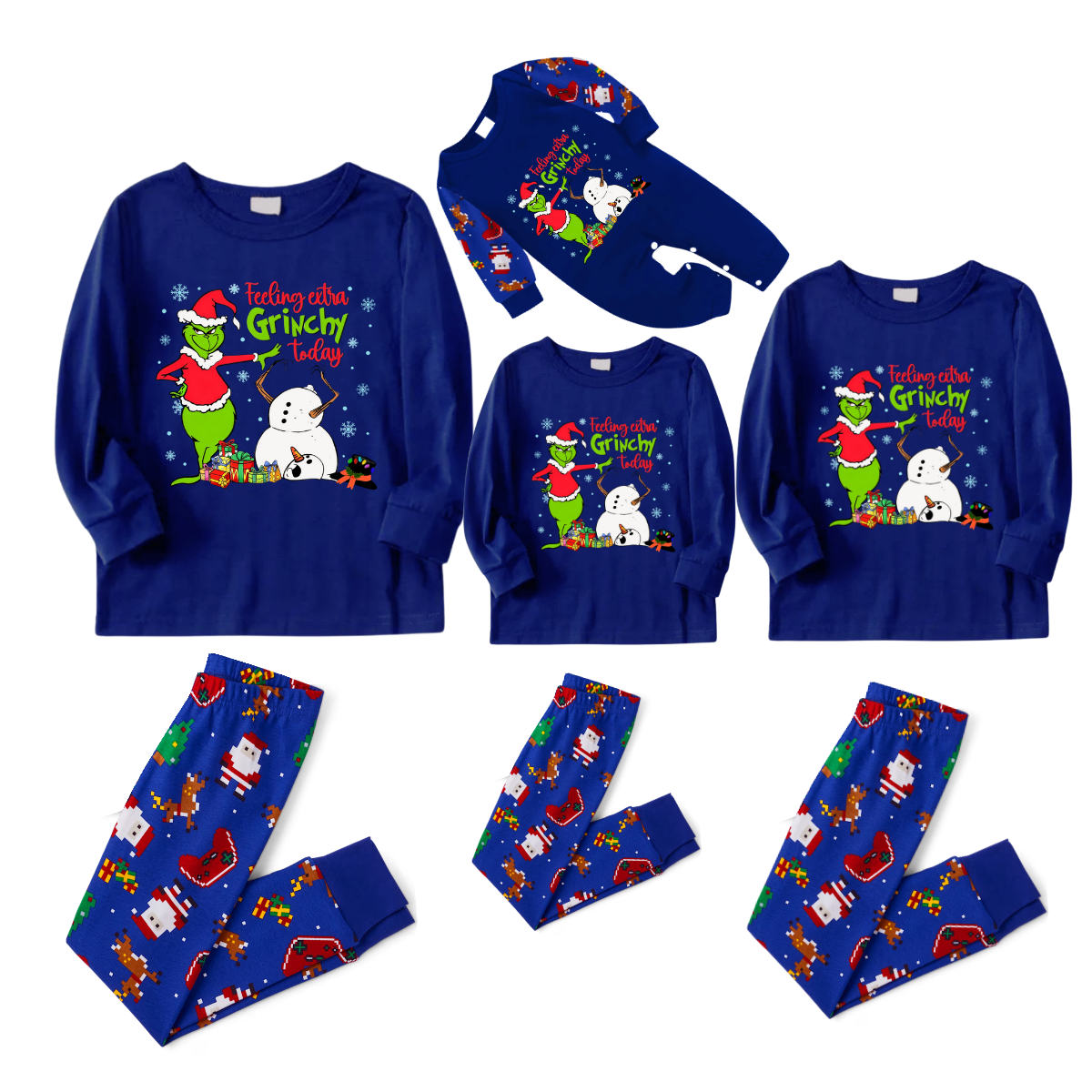 Cozy Blue Christmas Pajamas Set With Grinch and Snowman Print