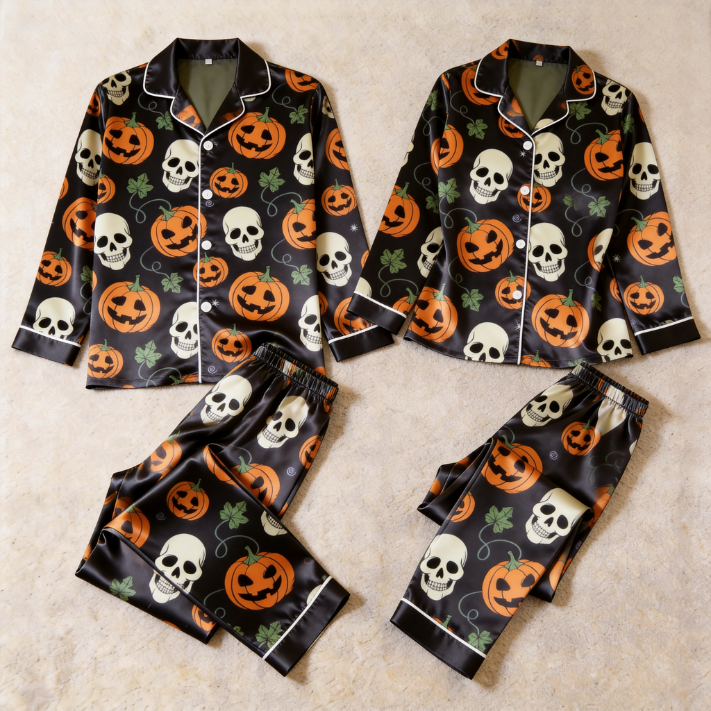 Pumpkin and Skull Print Satin Matching Pajamas for Couples ¨C Long Sleeve Button-Down Top & Pants Sleepwear Set