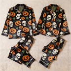 Pumpkin and Skull Print Satin Matching Pajamas for Couples ¨C Long Sleeve Button-Down Top & Pants Sleepwear Set