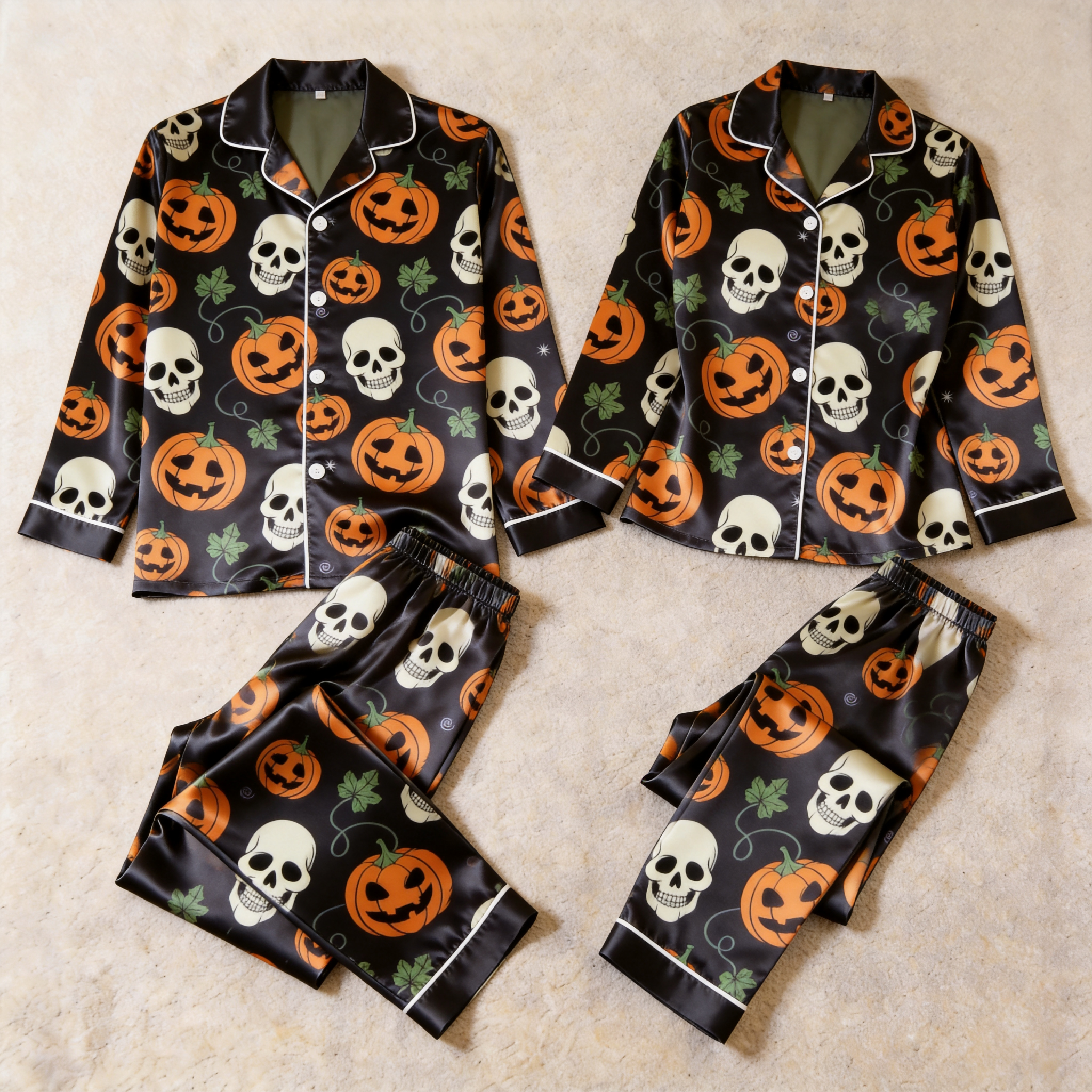 Pumpkin and Skull Print Satin Matching Pajamas for Couples ¨C Long Sleeve Button-Down Top & Pants Sleepwear Set