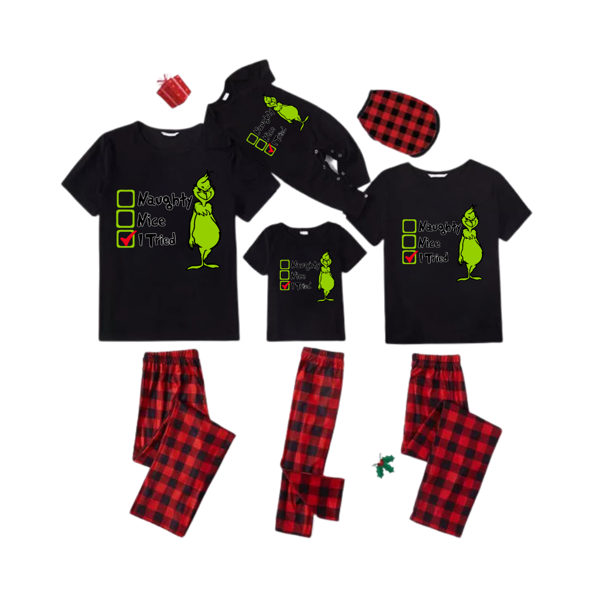Naughty Nice I Tried Family Pajamas Set - Black Top Red Pants Red Plaid Sleeves Grinch Checklist Print